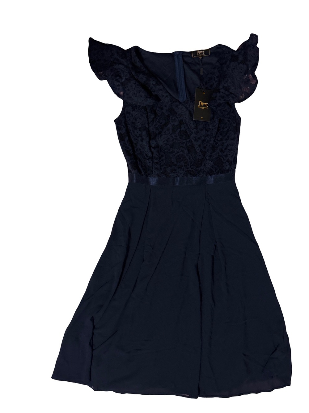 Lace Bodice Flutter Sleeve Midi Dress in Navy